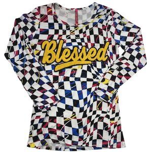 Girls Blessed Puff Letters Raised Graphic Checker Pattern Girly Faith Shirt L